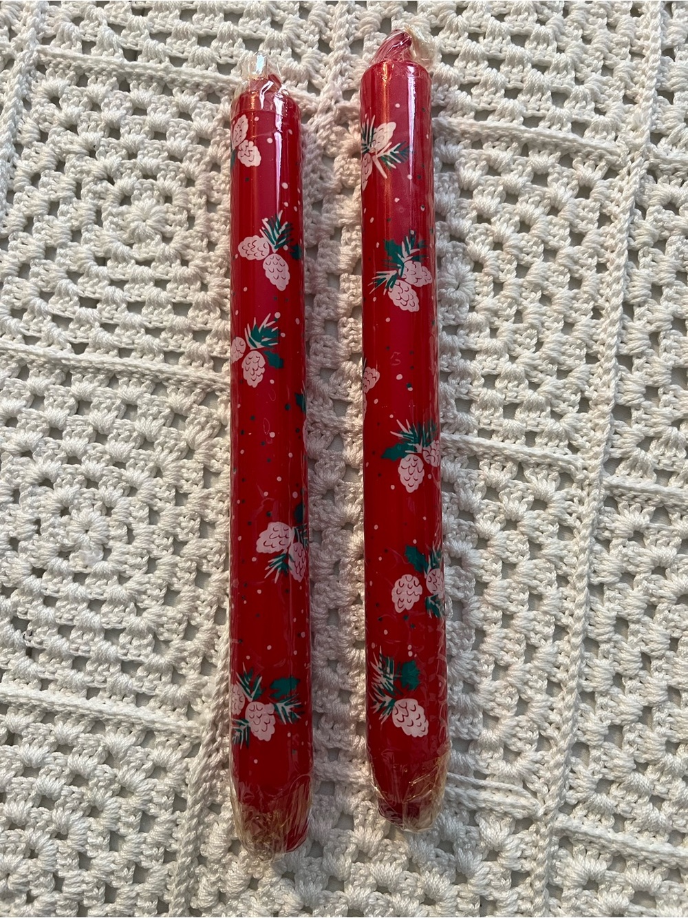 Avon Red Taper Candles with Green Leaf Accents New